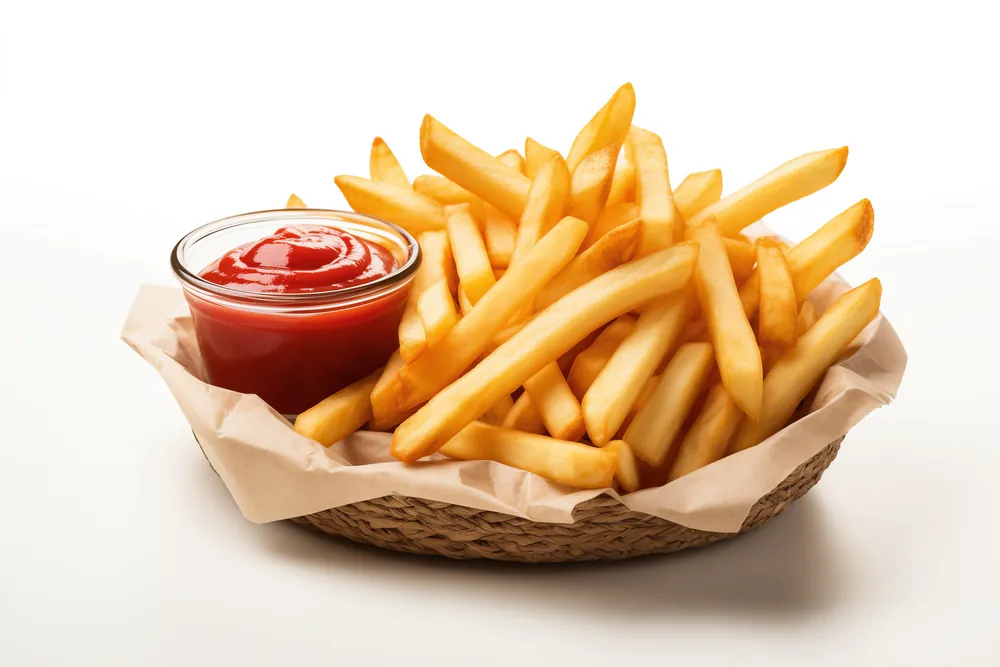 A basket of masala french fries with ketchup